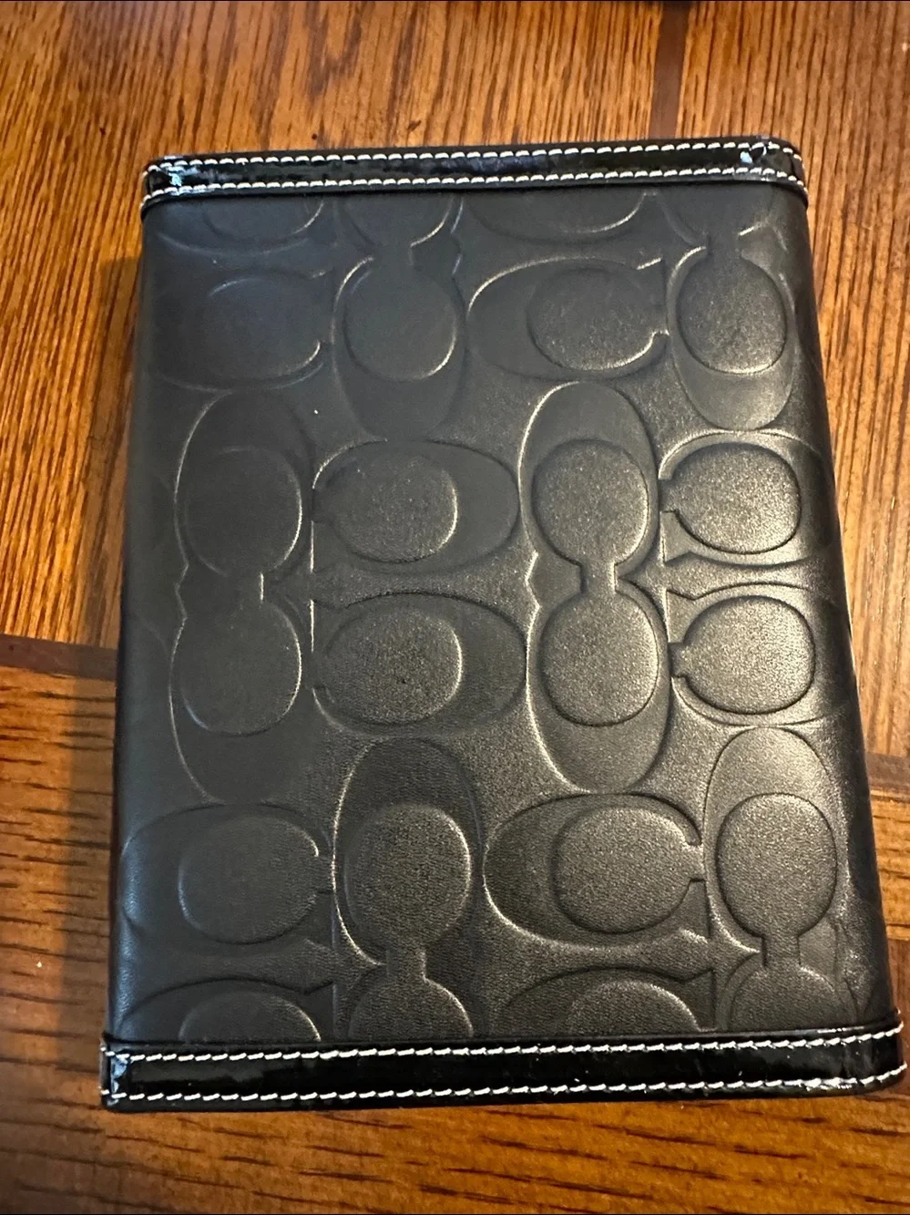 Coach Black Embossed Signature Leather Passport Cover with Silver Accent